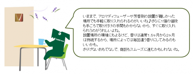 たのめーるはお値段も手ごろで取り付け手間もかからないウォールアロマをお勧めします。